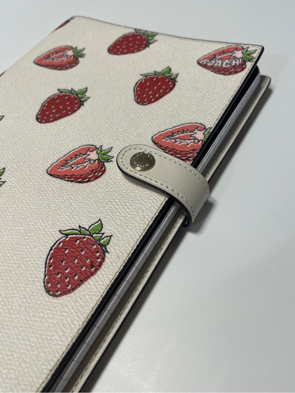 Coach Strawberry Leather Notebook Cover - Cream, Red & Green - Picture 2 of 6